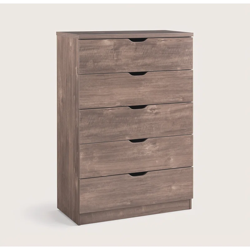 Modern five drawer clothes and storage chest cabinet with cutout handles in Hazelnut color