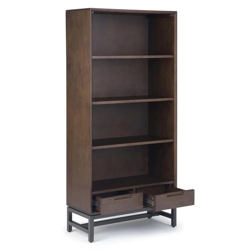 Banting 30"W Solid Wood 4 Shelf Industrial Bookcase with 2 Drawers, Adjustable Shelves, and Metal Base