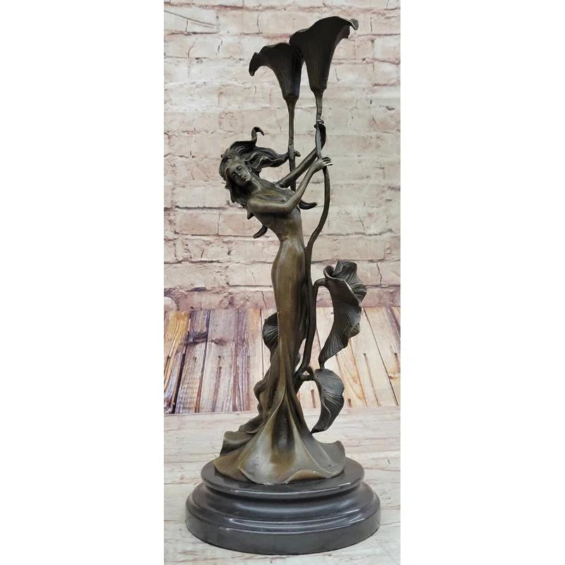 Red Barrel Studio® Walene Tulip Young Girl Candlestick Statue Bronze Art Deco Candleholder Sculpture