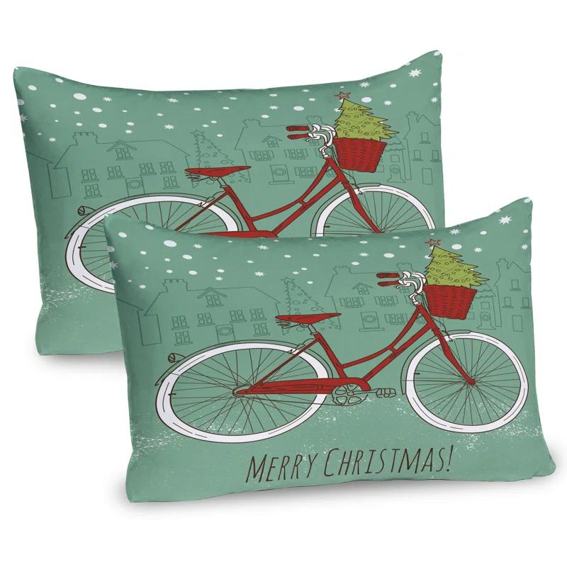 Ambesonne Ambesonne Christmas Pillow Sham 2 Pack Retro Bike Xmas Trees Almond Green Red White