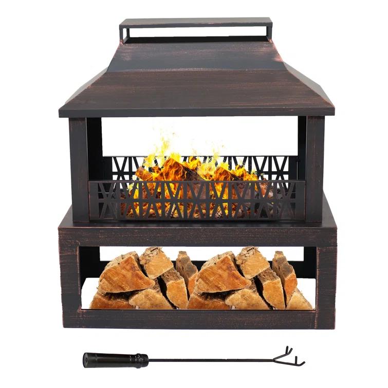 Lark Manor™ Courter 29" Rectangle Bronze Finish Steel Outdoor Fireplace with Log Storage