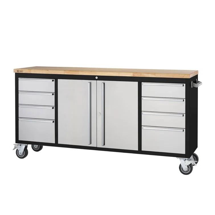 Trinity TRINITY 72 in. W 8-Drawer Black Rolling Mobile Workbench w/ Stainless Steel Face