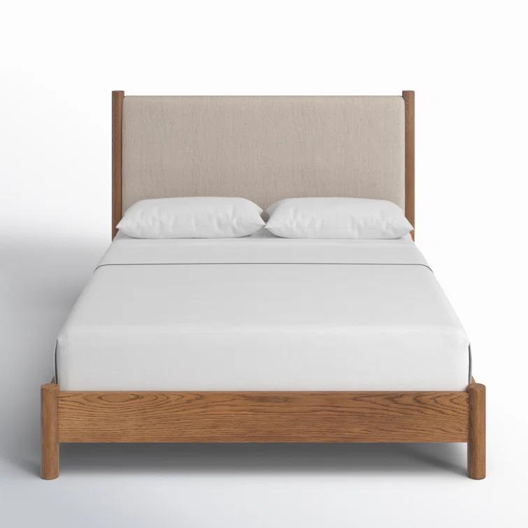 Queen Oak Upholstered Headboard Bed with Slats