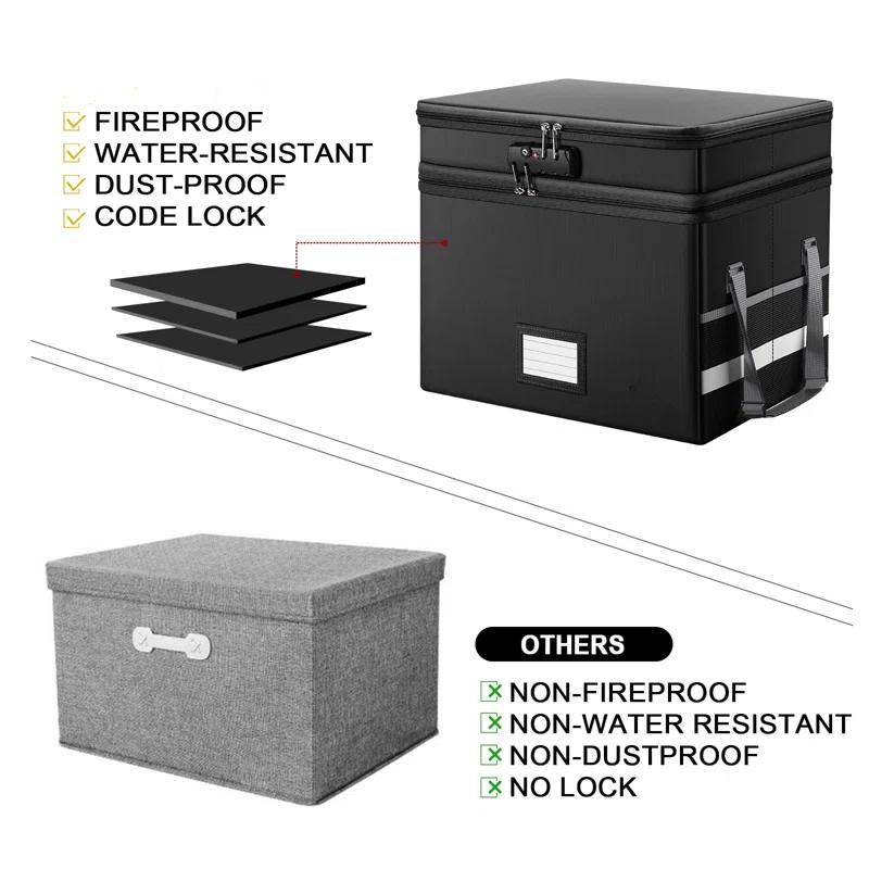 File Box With Lock,Multi-Layer Fireproof Document Box Collapsible File Storage Organizer With Pockets/Handle,Large Portable Home Office Filing Box For Hanging Letter/Legal Size Folders