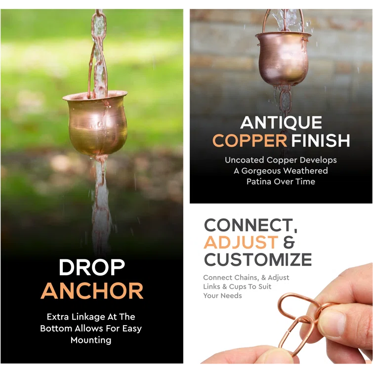 Marrgon Marrgon Copper Rain Chain with Pot Style Cups for Gutter Downspout Replacement