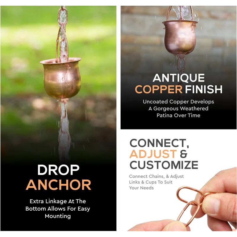 Marrgon Marrgon Copper Rain Chain with Pot Style Cups for Gutter Downspout Replacement