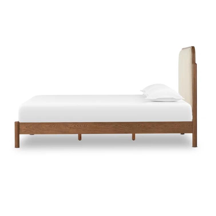 King Oak Upholstered Bed with Ivory Headboard and Drawer