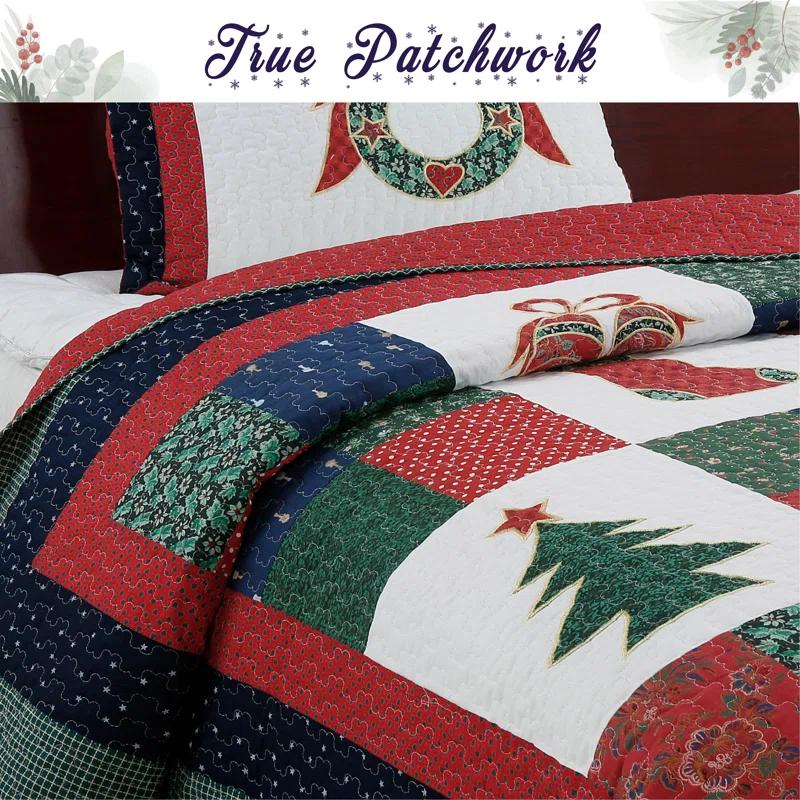Cozy Line Home Fashion Happy Christmas Christmas Reversible Farmhouse Country Quilt Set
