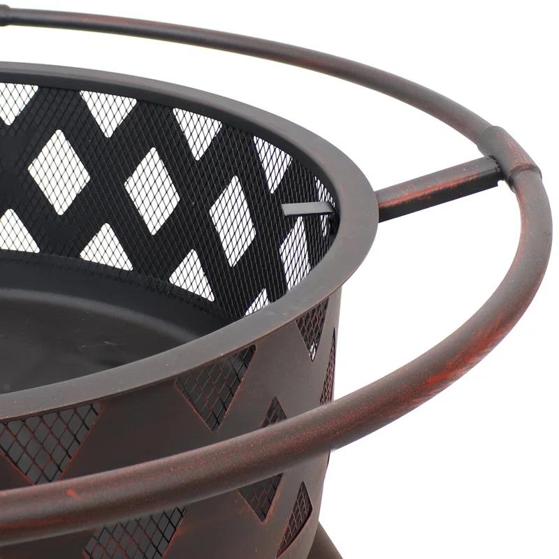 Alcott Hill® Mast Round Wood-Burning Bronze Finish Crossweave Fire Pit with Screen and Poker