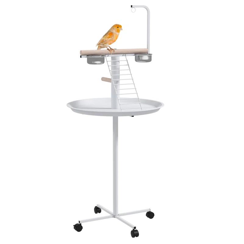 Pawhut Bird Stand, Parrot Stand With Wheels, Perches, Stainless Steel Feed Bowls, Round Tray, Bird Play Stand For Indoor Outdoor, White
