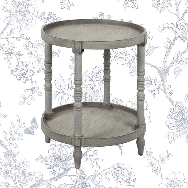 Bellport Classic Round Wood Side Table with Lower Shelf, Distressed Gray