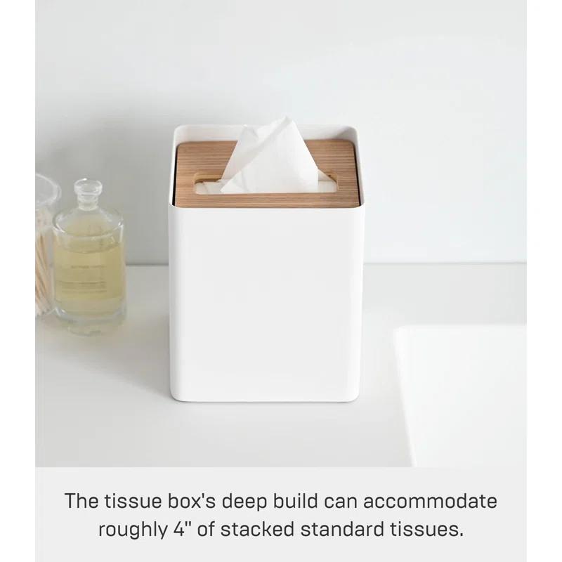 Yamazaki Home Yamazaki Home Square Reusable Tissue Box Cover Metal Container Case With Natural Wooden Lid,, Steel