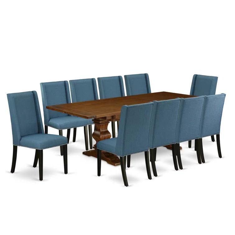 Luxe by East West Furniture 11 Piece Dining Table Set Includes a Rectangle Dining Room Table with Removable Leaf and 10 Blue Linen Fabric Upholstered Chairs, Antique Walnut