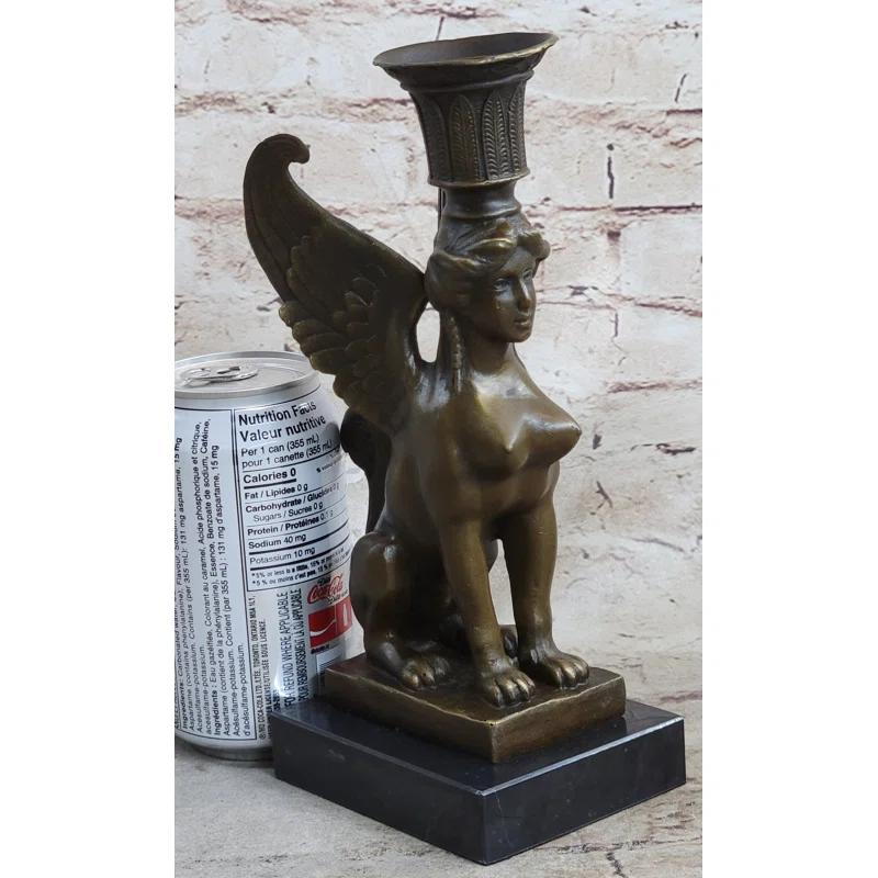 Trinx Kallen Art Deco Sphinx Bronze Candle Holder Bronze Sculpture Marble Base Statue