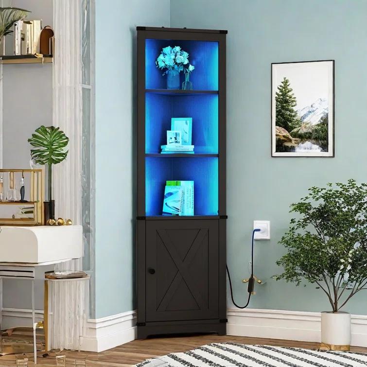 Gracie Oaks Aspenn 67" H Corner Bookcase with LED Light, Corner Storage Cabinet with Adjustable Shelf