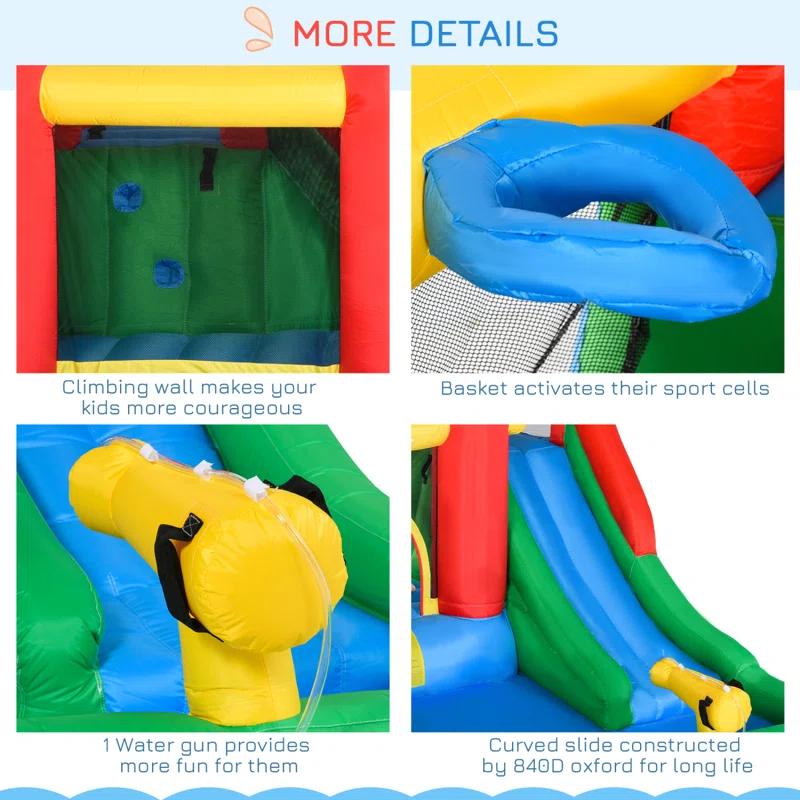 GZMWON Outsunny 6-In-1 Kids Bounce House Inflatable Water Slide With Pool, Water Cannon, Climbing Wall, Inflator Included, Jumping Castle Kids Backyard Activity Outdoor Water Play Toy