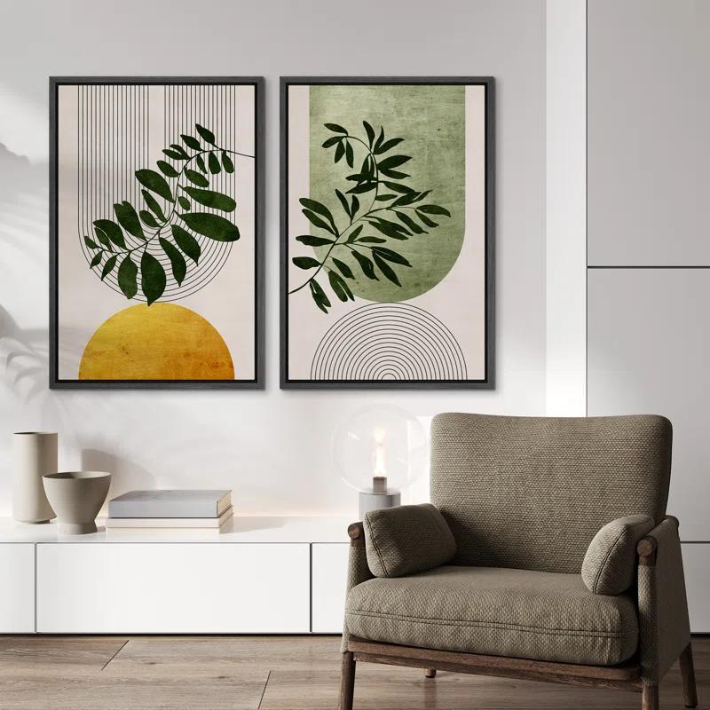 IDEA4WALL Mid Century Modern Boho Green Yellow Bright Plant Art Framed Canvas 2 Pieces Print  Wall Art Set