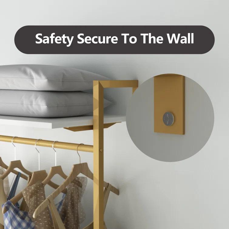 Rebrilliant Oloran Gold Wall Mount Clothes Rack with 4 Hanging Rods, Clothing Rack with 6-Tier Adjustable Shelves