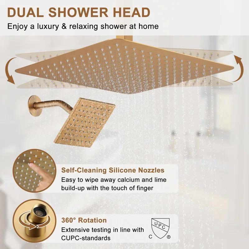 CASAINC Rainfall Symphony 16inch Dual Shower Head Rainfall Thermostatic Shower System with 16-inch Slide Bar and Body spray KCHS0019-16BG