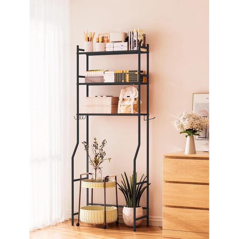 3-Tier Over The Toilet Storage, Space Saver Metal Bathroom Shelves, Freestanding Above Over Toilet Storage Shelf With 4 Hooks For Bathroom, Black