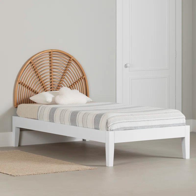South Shore Bloom Twin Wooden Bed And Rattan Wall-Mounted Rainbow Headboard Set