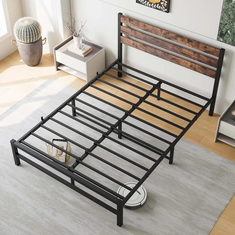 Full Size Platform Bed Frame with Rustic Vintage Wood Headboard,  No Box Spring Needed Rustic Brown