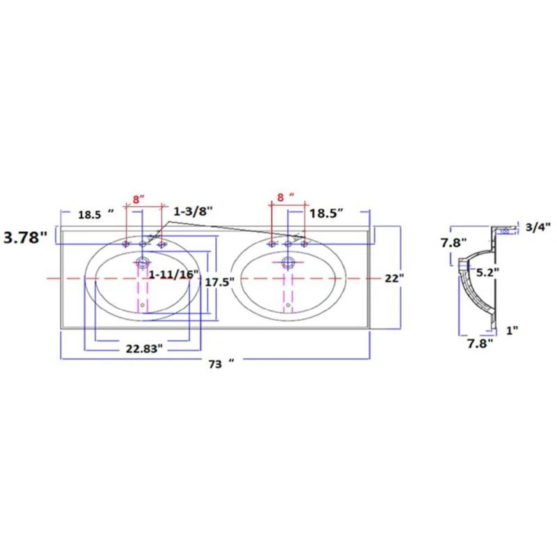 Design House 73 Inch Cultured Marble Vanity Top Two Sinks with Backsplash, White