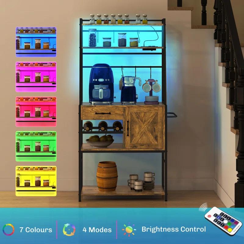 17 Stories Baker's Rack With Power Outlet And LED Lights Bar With Storage Shelves,Industrial Microwave Stand With Wine Bottle Rack,Drawer,Barn Door Cabinet