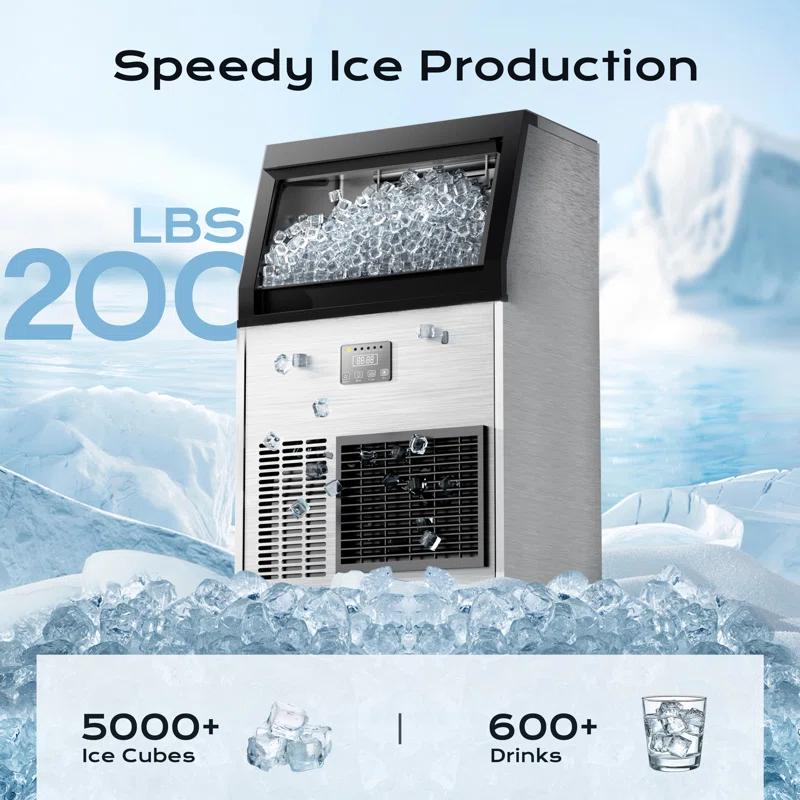 Coolake Coolake Commercial Ice Maker Machine 200lbs/24h, Air Cooled Under Counter Ice Maker With 50lbs Ice Storage, Stainless Steel Self Cleaning Freestanding Ice Maker For Home Bar Restaurant Kitchen