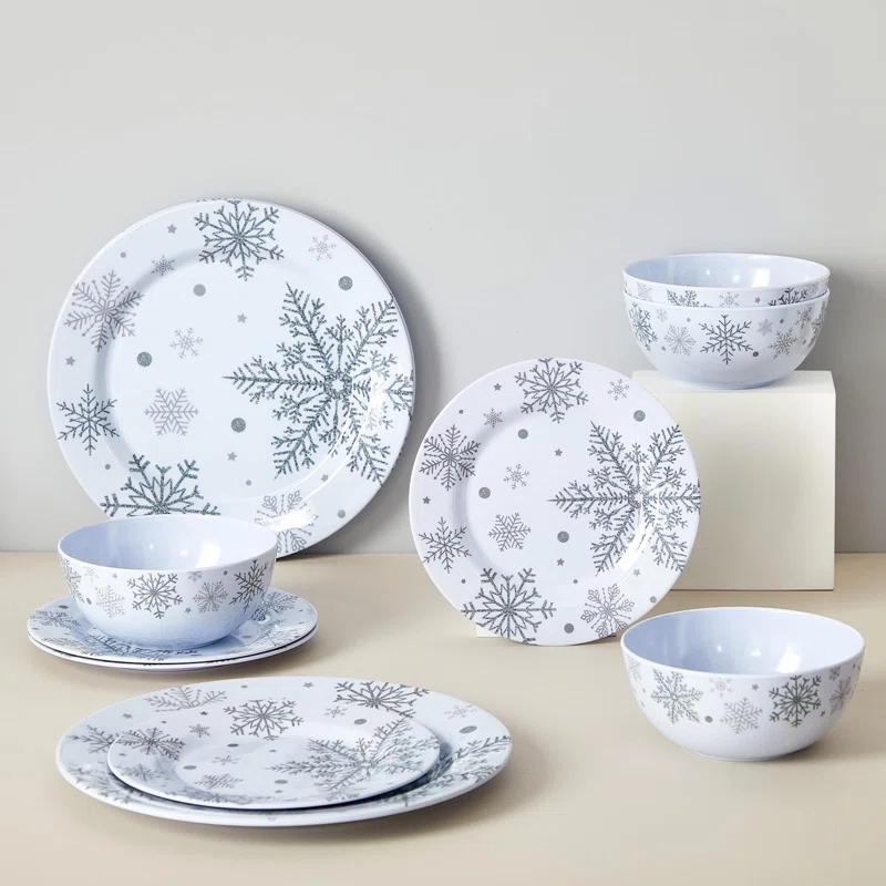 The Holiday Aisle® 12 Pcs Christmas Snowflake Melamine Dinnerware Set Plates And Bowls Set Include  Dinner Plates Plates Soup Bowl,Service For 4 For Christmas Winter Party Supplies