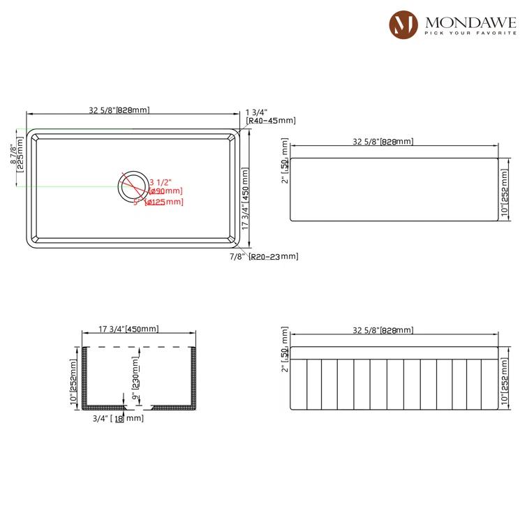 mondawe Farmhouse / Apron Single Bowl Fireclay Kitchen Sink KMSC0005-F33W