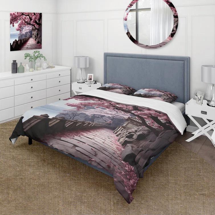 Design Art Japan Art Cherry Blossom Pink Path - Japan Art Duvet Cover Set - Microfiber Polyester