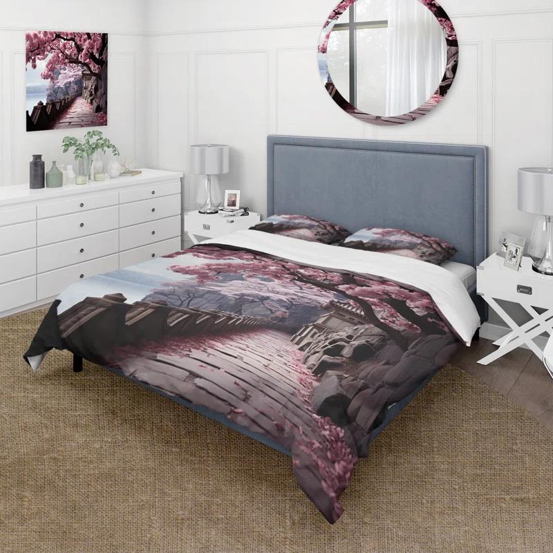 Design Art Japan Art Cherry Blossom Pink Path - Japan Art Duvet Cover Set - Microfiber Polyester
