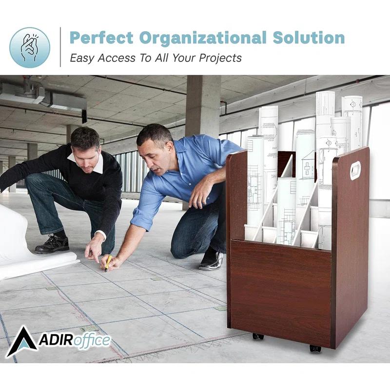 AdirOffice 20-Slot Mobile Rolling Wood Blueprint Roll File Large Document Organizer