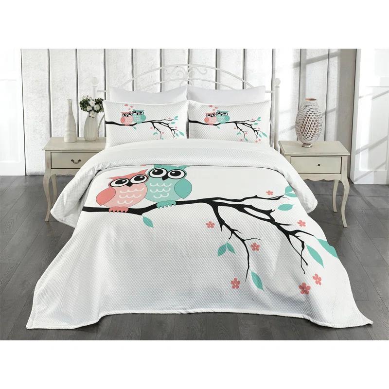 Ambesonne Ambesonne Teal and White Bedspread Set Owl Couple Turquoise Coral Black