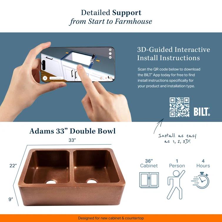 Sinkology Adams Copper 33" Double Bowl Farmhouse Apron Front Undermount Kitchen Sink K2A-1005ND