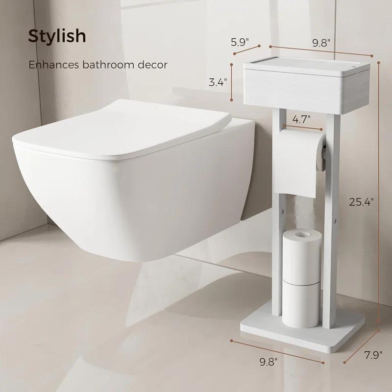 Hokku Designs 4-In-1 Bamboo Toilet Paper Holder Stand With Storage Shelf, Free Standing Toilet Tissue Roll Organizer, 360° Rotating Lid, Extra Storage For Bathroom Essentials