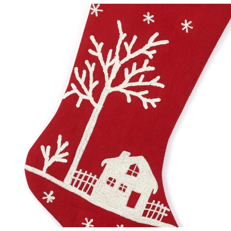 Arcadia Home Handmade Christmas Stocking - Snowy Village Embroidered Scene on Red