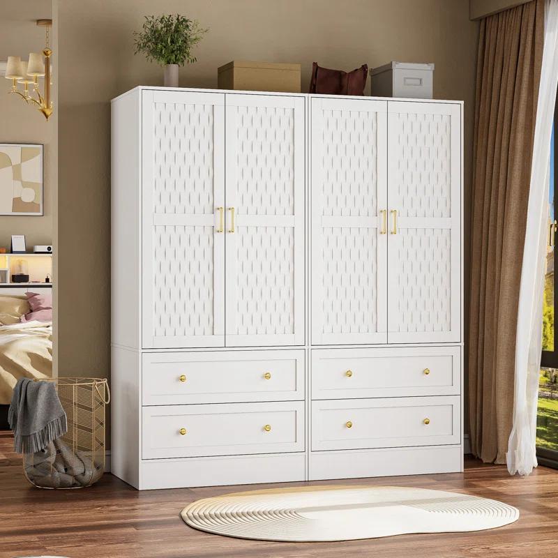Everly Quinn Freestanding Armoire Wardrobe Closet with 2 Woven Doors