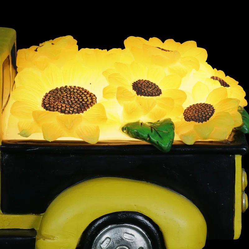 Exhart Exhart Solar Hand Painted Beekeeper Gnome in a Sunflower Truck Garden Statue, 11 by 5 Inches