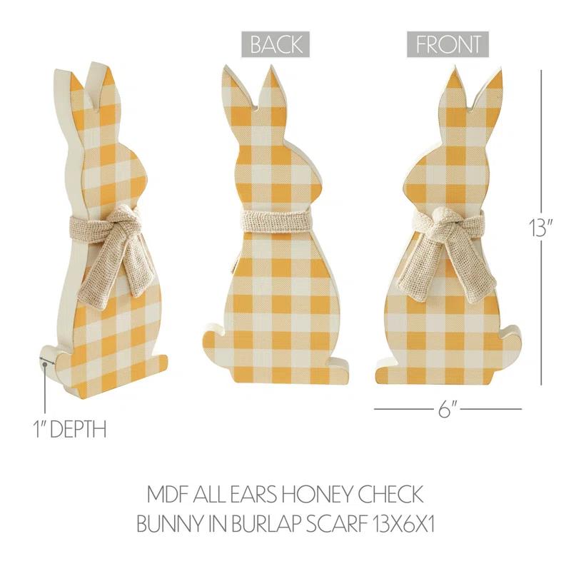 VHC Brands Bunny Hop MDF All Ears Lavender Check Bunny In Burlap Scarf 13x6x1