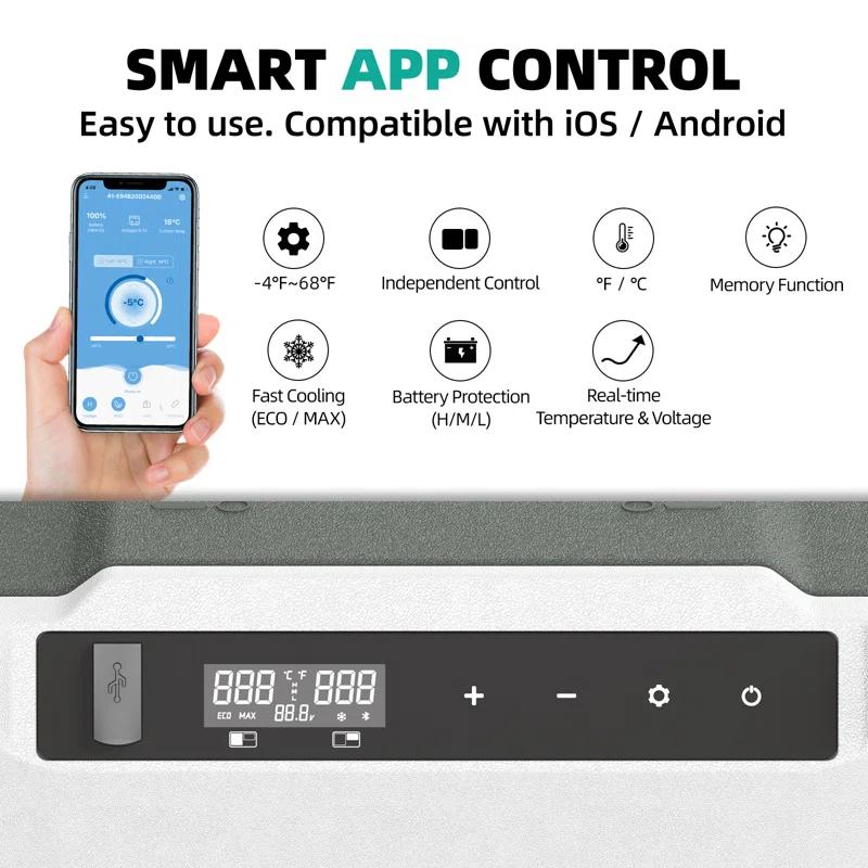 Alpicool 52Qt Dual Zone Portable Car Refrigerator, 12V/24V/220V Portable Car Fridge, With APP Smart Design to Remote Control Temperature, Large Capacity Cooler and Freezer, Wheels & Retractable Handle for Easy Move Anywhere