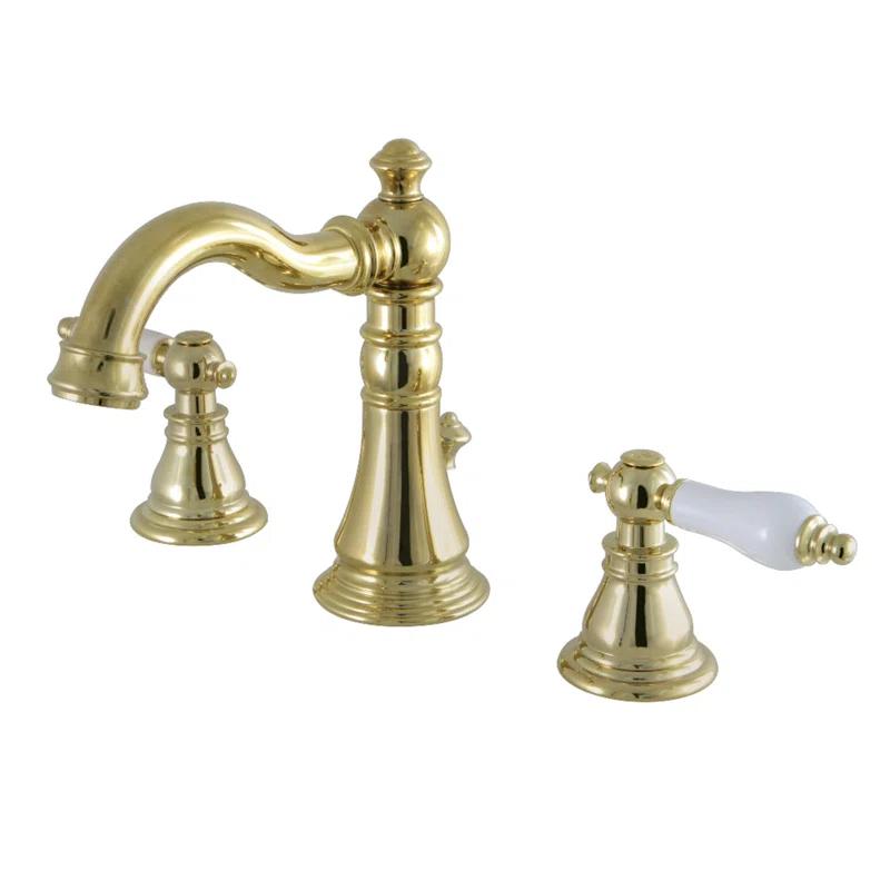 Kingston Brass American Patriot Two-Handle 3-Hole Deck Mount Widespread Bathroom Faucet with Pop-Up Drain