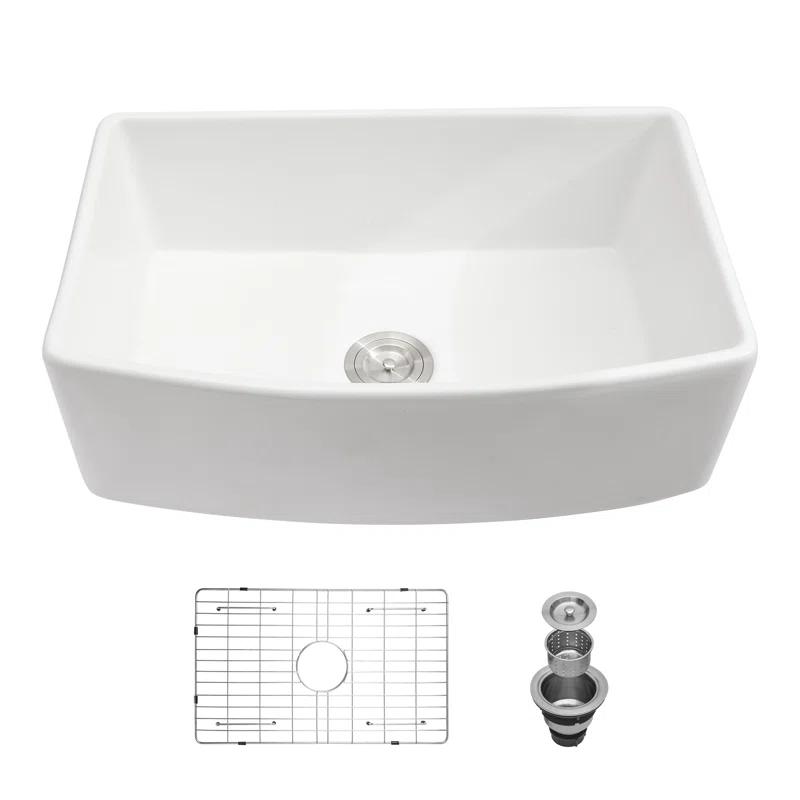 White Farmhouse Sink - 30 Kitchen Sink Ceramic Arch Edge Apron Front Single Bowl Farm Kitchen Sinks