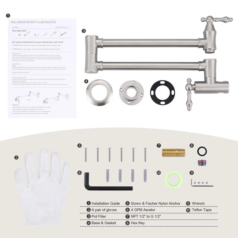 ARCORA AR7106800 ARCORA Wall Mounted Pot Filler Brass Folding Kitchen Faucet with 2 Handles