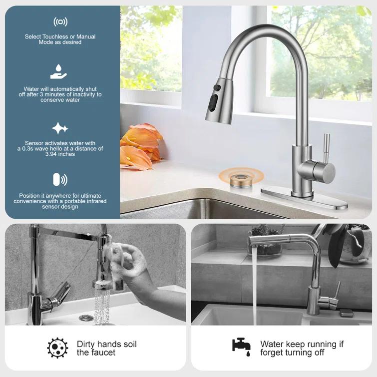 ARCORA Automatic Smart Mobile Motion Sensor Kitchen Sink Faucet with 3 Modes Pull-Down Sprayer AR7100301-MS