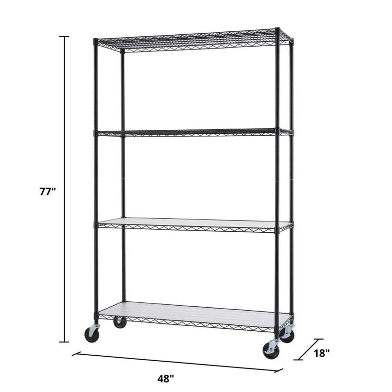 TRINITY Black 4-Tier NSF Rolling Steel Wire Shelving Unit w/ Liners & Wheels (48 in. W x 18 in. D)