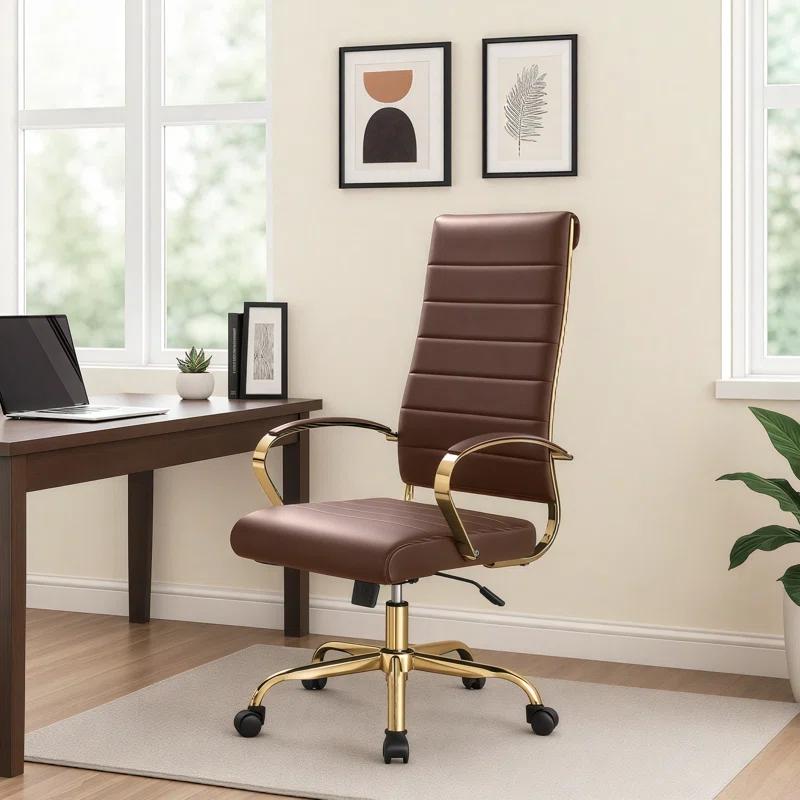 Everly Quinn Humairaa Leather Office Chair – Executive Task Chair with Swivel, Adjustable Height & Gold Base for Home Office or Conference Room