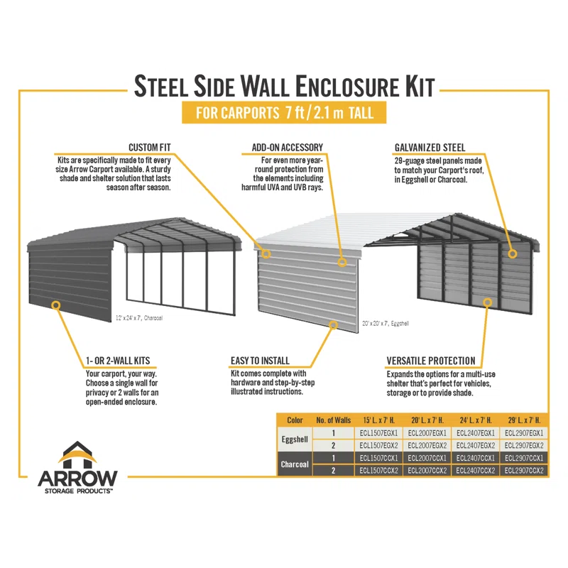 Arrow Arrow Steel Carport with 1 Side Wall Kit, 12X24X07