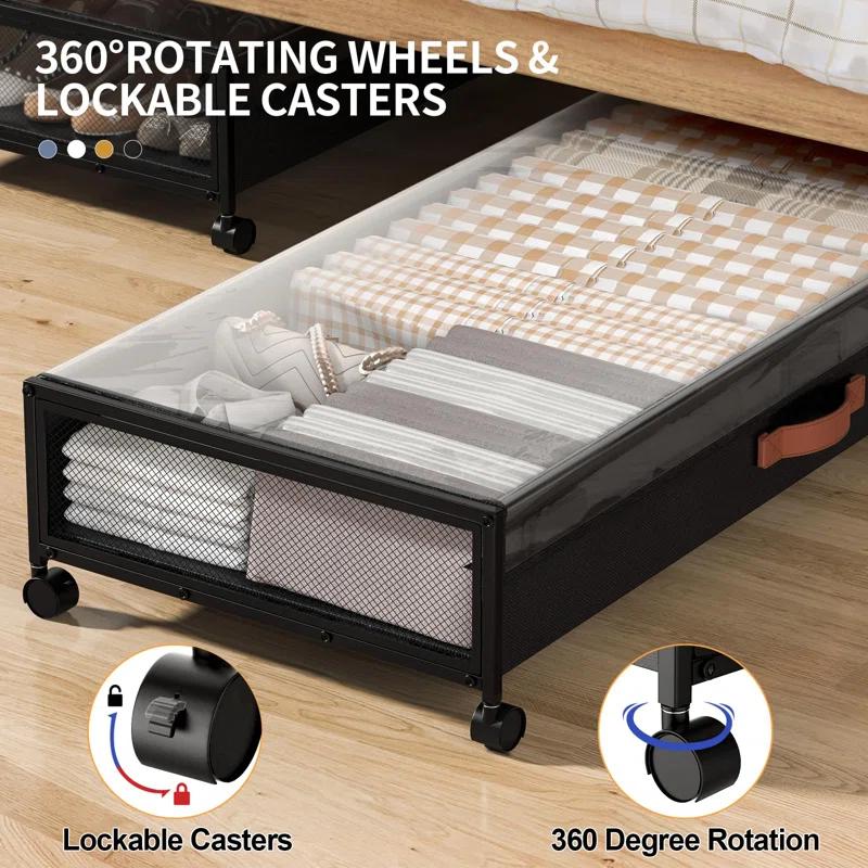 Rebrilliant Under Bed Storage With Wheels, 54L XXL Larger Under Bed Storage Containers With Clear Lids, 36'' Lengthen Under Bed Shoe Organizer, Rolling For Shoes Clothes(Black 2 Pack, XXL(36"X16.6"X7.28"))